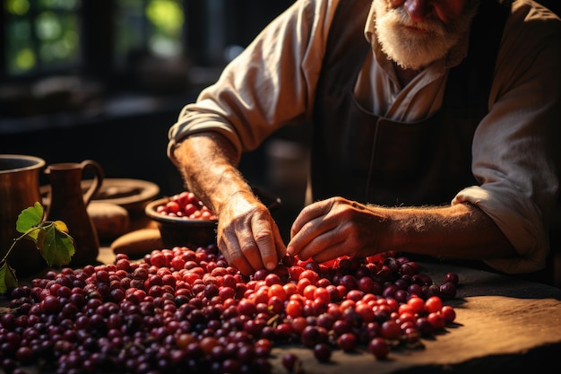 Male hands sorting coffee beans on table