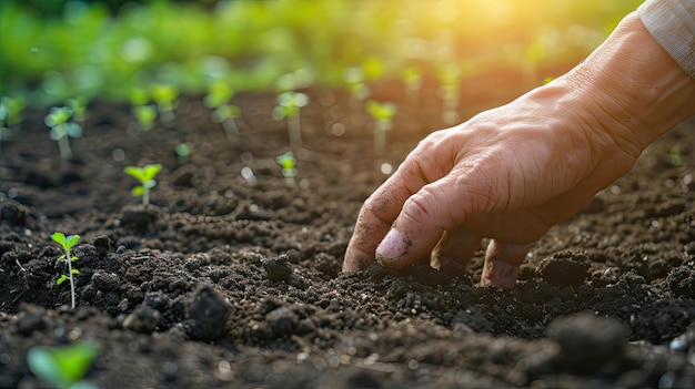 Male hands touching soil on the field Expert hand of farmer checking soil health before growth a seed of vegetable or plant seedling Business or ecology concept