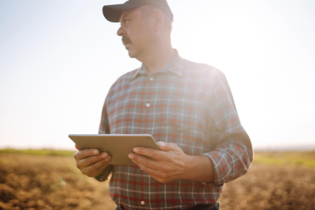 Male hands touching soil on the field Expert hand of farmer checking soil health Ecology concept