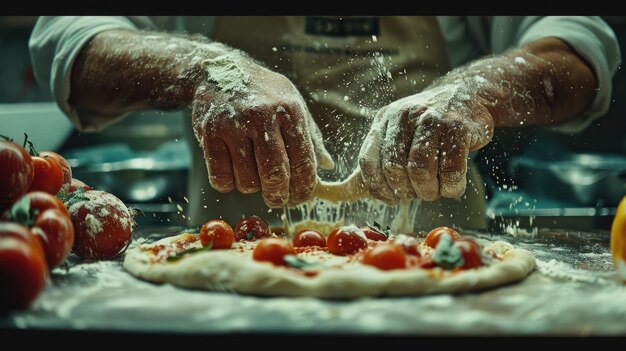 Photo male hands using flour sprinkles to make pizza dough generative ai