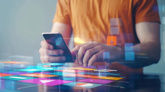 Мужские руки используют смартфон за столом с двойной экспозицией красочных икон приложений
