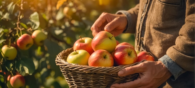 male hands with a basket of ripe apples in nature