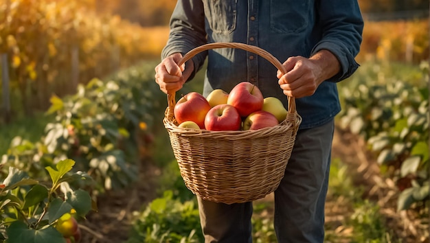 male hands with a basket of ripe apples in nature