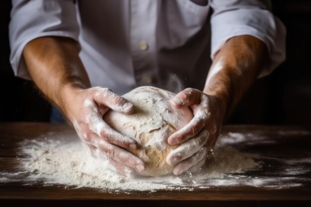 male hands with splashes of flour preparing bread kneading dough