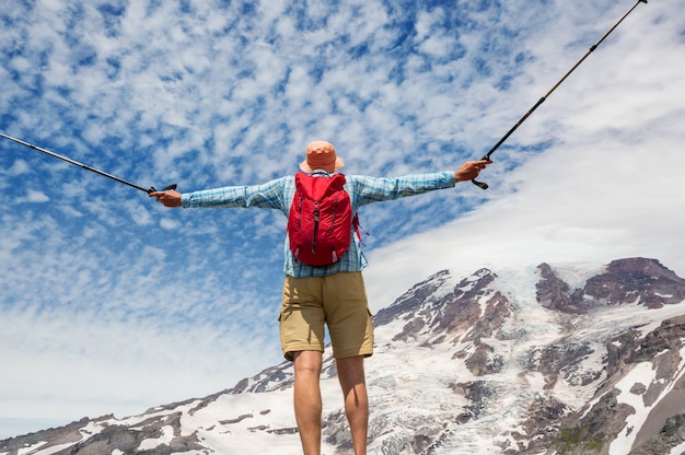 Male in hike in the Mount Rainier National Park, Washington, USA