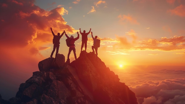 Male hiker celebrating success on top of a mountain in a majestic sunrise and Climbing group friends helping hike up Teamwork Helps Success winner and Leadership