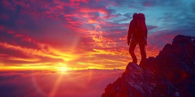 Male hiker embracing the sunset on a mountain cliff during outdoor adventure Concept Adventure Nature Sunset Hiking Exploration