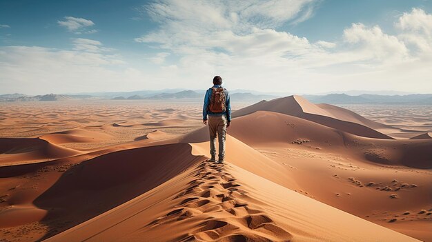 Male hiker full body view from behind standing on a dune in the middle of the desert