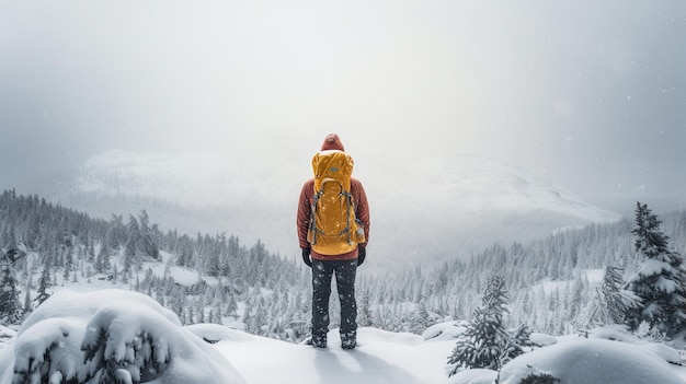 Male hiker full body view from behind standing in a snow storm