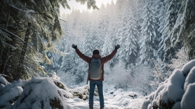 Male hiker full body view from behind standing in a snowy forest with raised arms hands clenched into fist