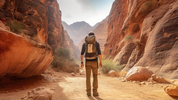 Мужчина-путешественник, вид в полный рост сзади, идущий по каньону
