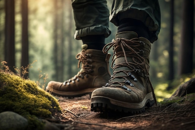 Male hiker walking and climbing in a forest with closeup of hiking boots from front view in sunny weather Generative AI