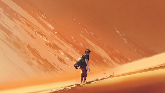 Escursionista maschio che cammina sul deserto di sabbia, stile arte digitale, pittura illustrativa