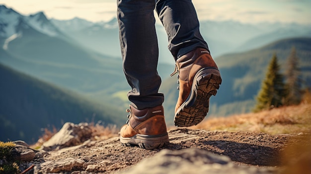 Foto un escursionista maschio che cammina su un sentiero panoramico di montagna con stoffa e scarpe