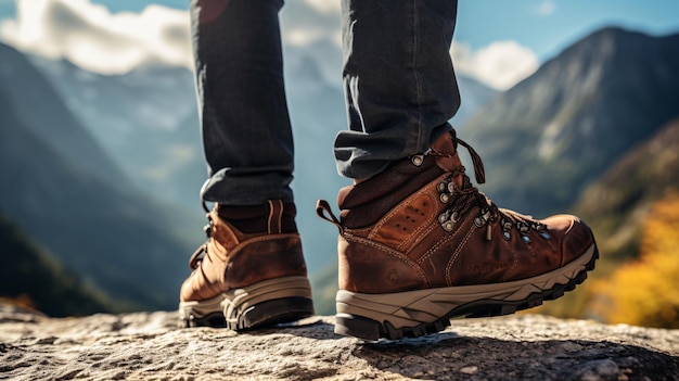 Foto un escursionista maschio che cammina su un sentiero panoramico di montagna con stoffa e scarpe