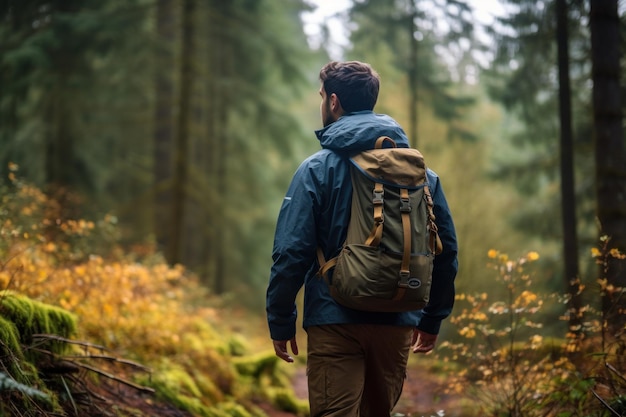 Male hiker with camping backpack hiking along a mountain hiking trail in autumn