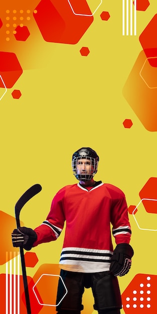 Photo male hockey player with the stick on orange-red geometric styled background, vertical flyer.