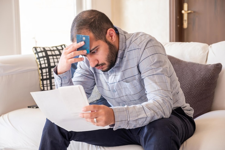 Photo male holding bank card while feeling stressed due to financial issue