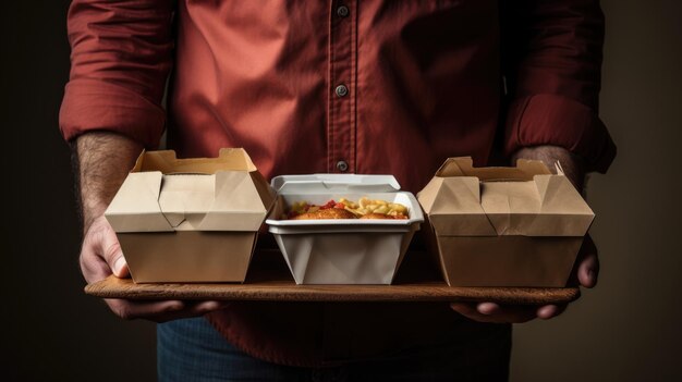 Foto maschio che tiene diversi contenitori di carta per cibo da asporto concezione di cibo di strada o fast food