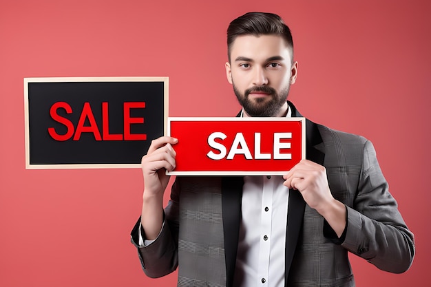 Photo a male holding red black sale nameplate