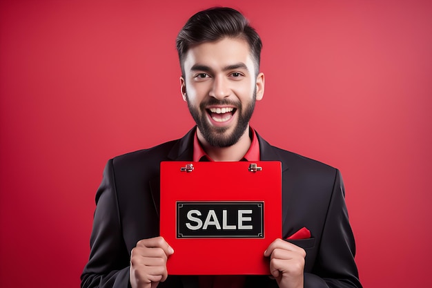 A male holding red black sale nameplate