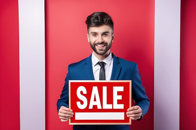 A male holding red black sale nameplate