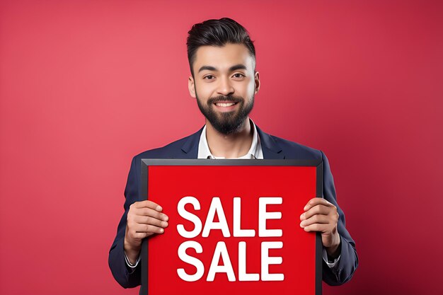 Photo a male holding red black sale nameplate