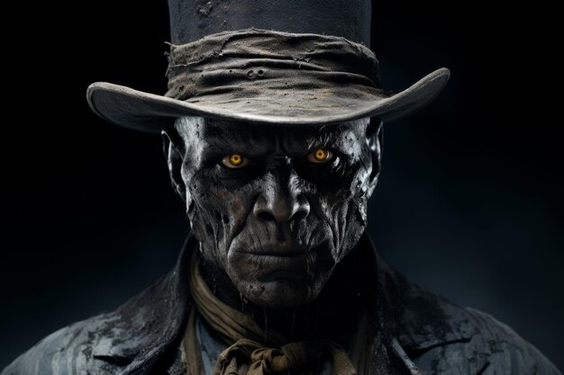 Male horror movie character with scary dark face with yellow eyes wearing tall hat