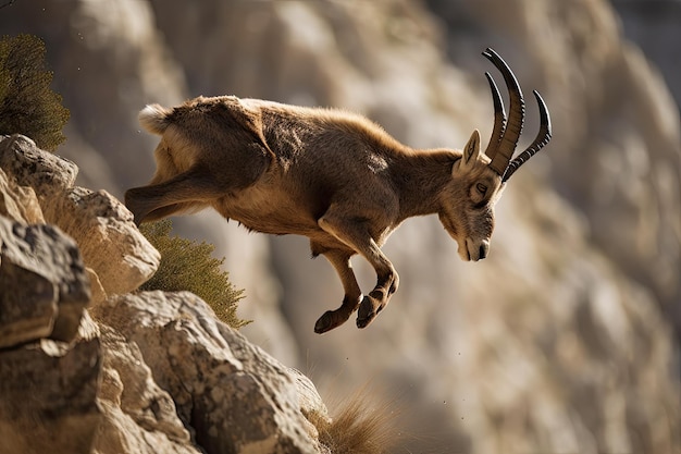 Male ibex leaping from cliff its powerful legs propelling it into the air