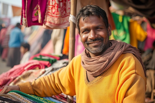 male Indian clothes seller smiling bokeh style background