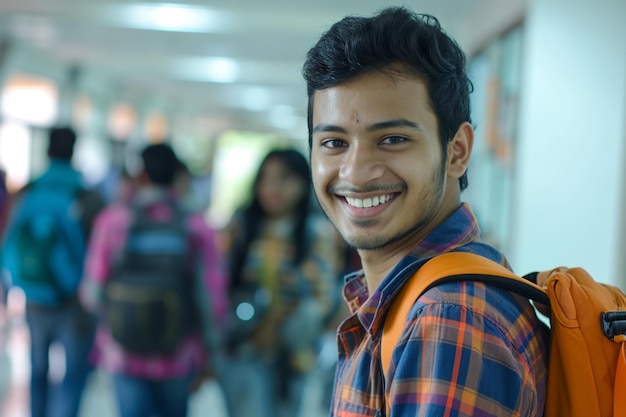 Photo male indian student at the school on the bokeh style background