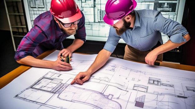 Male industrial engineers scrutinizing blueprints for a new project