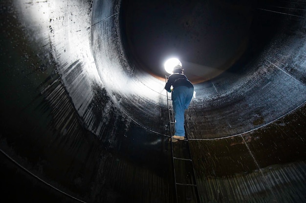 Male inside climb the stairway storage visual inspection tank