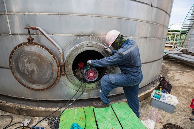 Male into fuel tank oil area confined space safety blower fresh air