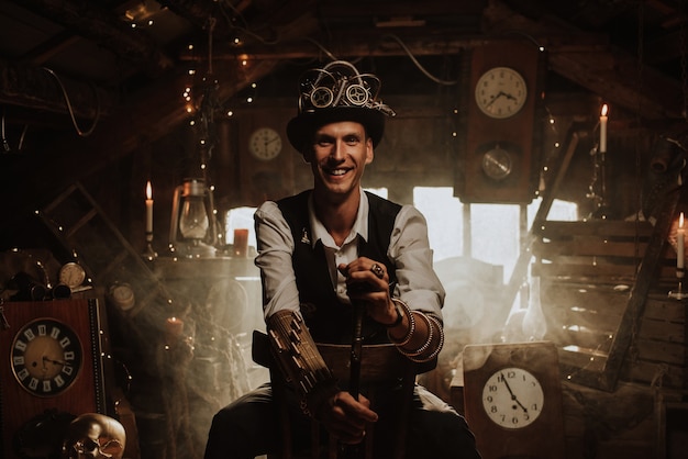 Male inventor in a steampunk suit with a hat, glasses and a\
cane smiles