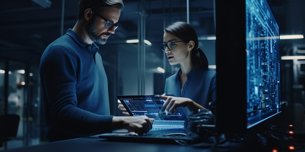 Photo male it specialist holds laptop and discusses work with server technician