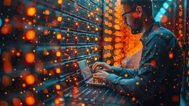 Male IT Specialist Working on Laptop in Data Center