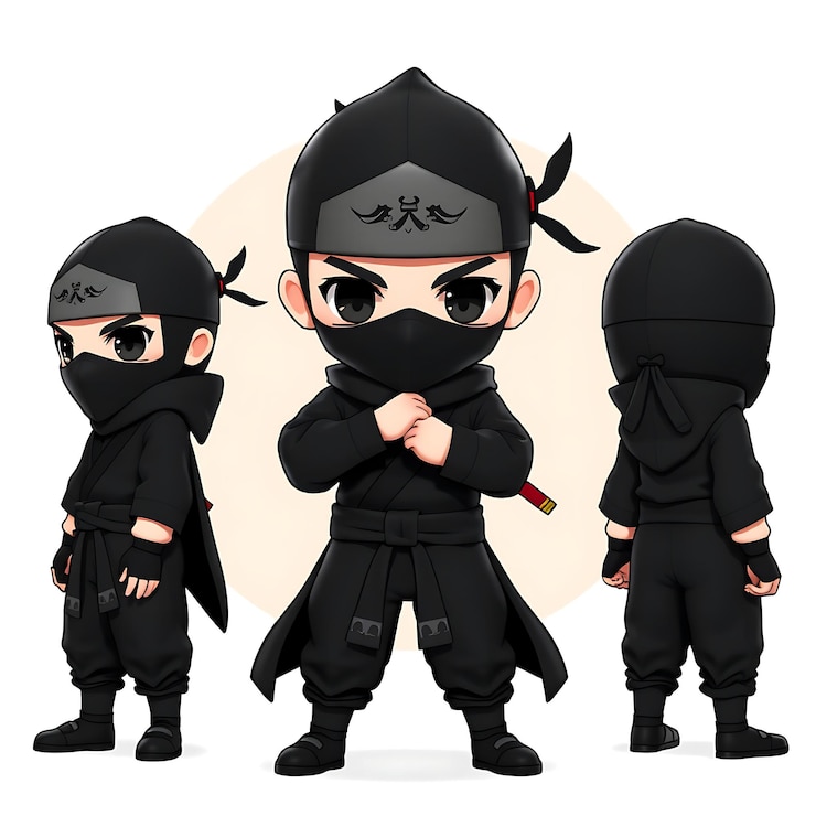 Photo 男性 ニンジャ チビ カワイ シノビ ファッション 黒色 シュリケン アク アイラスト キャラクター