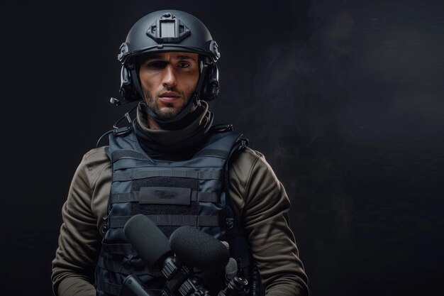 male journalist in a bulletproof vest and helmet