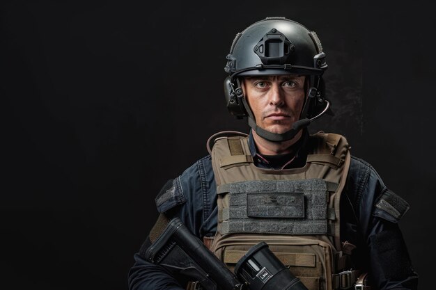 male journalist in a bulletproof vest and helmet