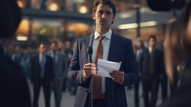 Male journalist at news conference or media event holding microphone writing notes Journalism