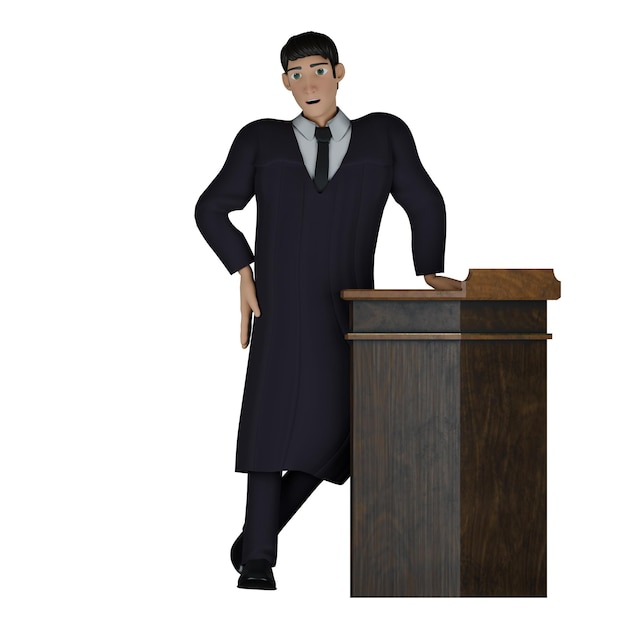 a male judge stands behind a wooden pulpit with hand on the wooden pulpit and right hand on waist