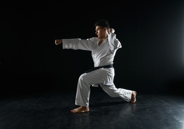 Combattente di karate maschio in una posizione di combattimento. uomo su allenamento di karate, arti marziali, competizione di combattimento