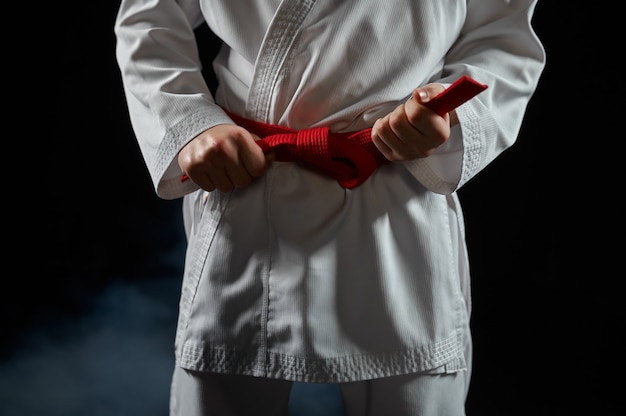 Male karate fighter in white kimono having red belt, combat stance. Karateka on workout, martial arts, training before fighting competition