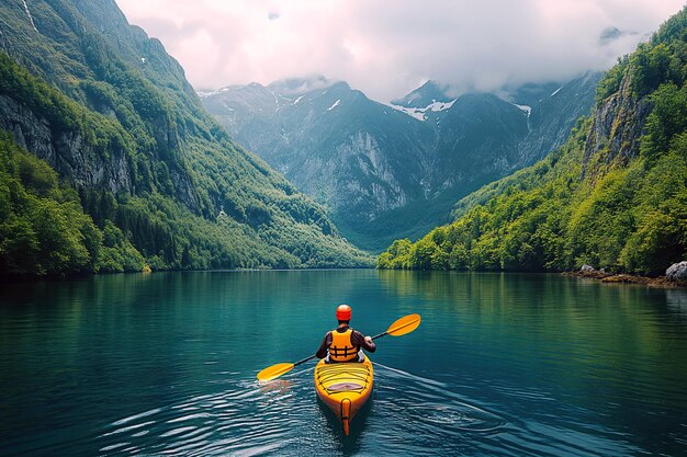 male kayaker is sailing on yellow kayak on blue lake on a summer trip in tropics with a landscape with mountains and forest