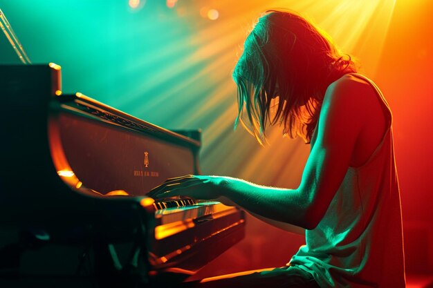 male keyboard player playing the keyboard in the hard music concert bokeh style background