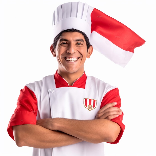 Photo a male kitchen chef with white and red hat and white dress code