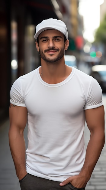 Male Latin model in white t shirt mockup in a local street Generative AI