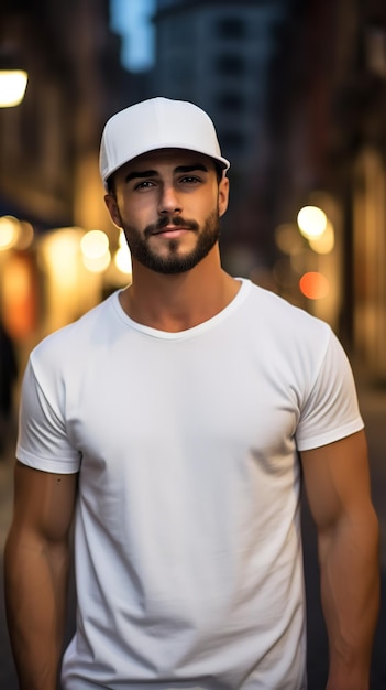 地元の街路にある白いTシャツのモックアップを着た男性のラテン系モデル