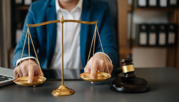 Male lawyer in the office with brass scale on wooden table justice and law concept